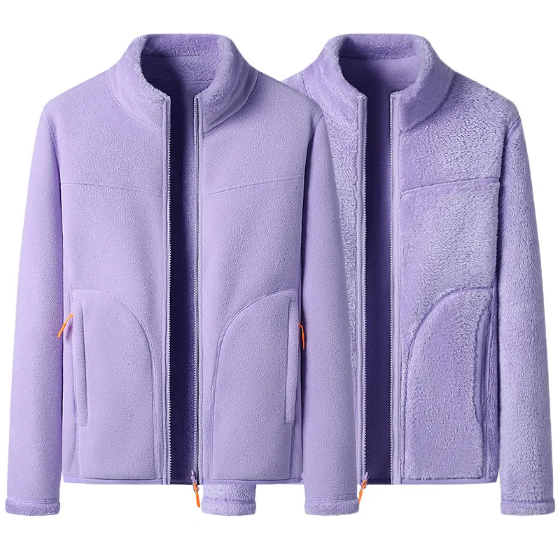 Unisex Double Sided Polar Fleece Jacket Thick Warm Stand Collar Full Zip Outerwear Casual Solid Color Winter Coat For Couple