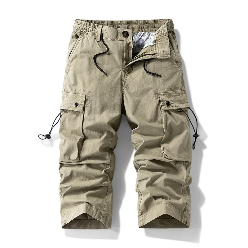 Men Cotton Blend Multi Pocket Cargo Shorts Capris Drawstring Elastic Waist Straight Loose Fit Casual Outdoor Streetwear