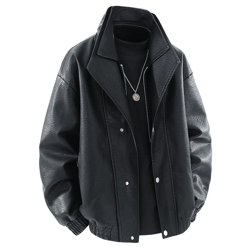 Herren PU Lederjacke Synthetikmaterial Stehkragen Motorrad Biker Stil Reißverschluss Casual Outerwear Frühling Herbst