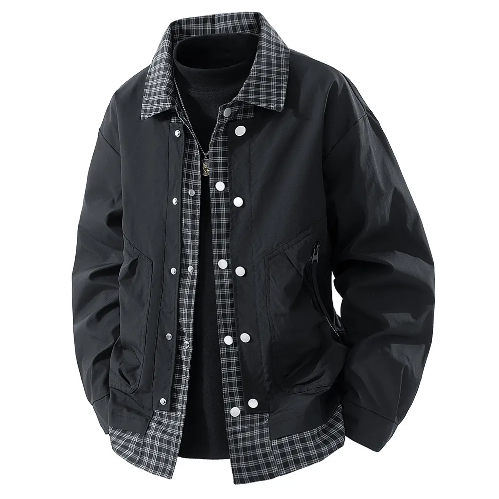 Men False Two-Piece Plaid Patchwork Jacket Turn-Down Collar Snap Button Cargo Coat Casual Spring Autumn Outerwear Top