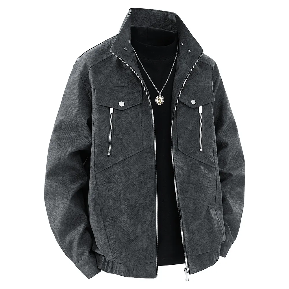 Heren PU Leren Jas Opstaande Kraag Slangenhuid Textuur Rits Casual Jas Outerwear Retro Amerikaanse Mode Streetwear Voor Heren