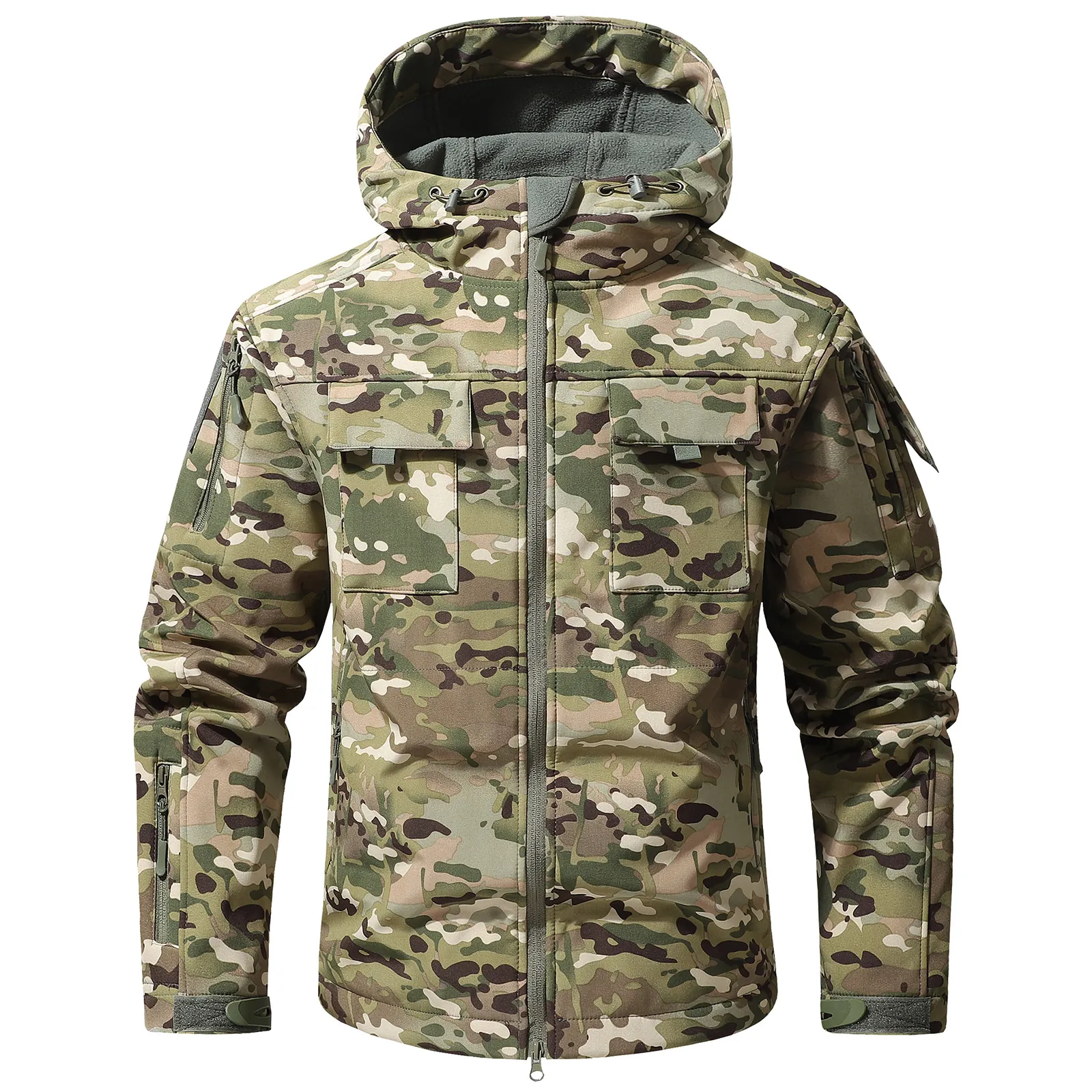 Men Outdoor Softshell Tactical Jacket Hooded Fleece Lined Waterproof Camouflage Functional Outerwear For Hiking Camping