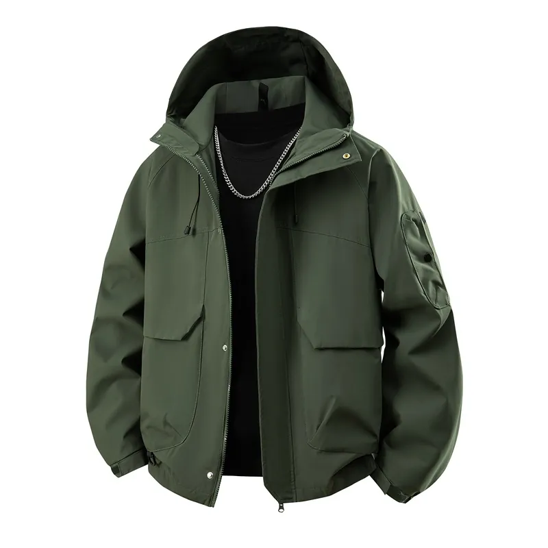 Unisex Outdoor Cargo Hooded Windbreaker Jacket Waterproof Windproof Technical Fabric Multi Pocket Loose Casual Hiking Camping Coat