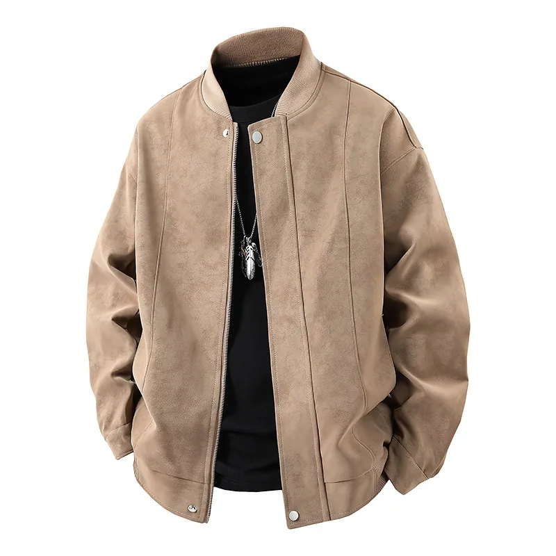 Heren Casual PU Leren Bomberjack Suède Textuur Staande Kraag Vintage Zip Up Geribbelde Manchetten Jas Voor Herfst Lente Man