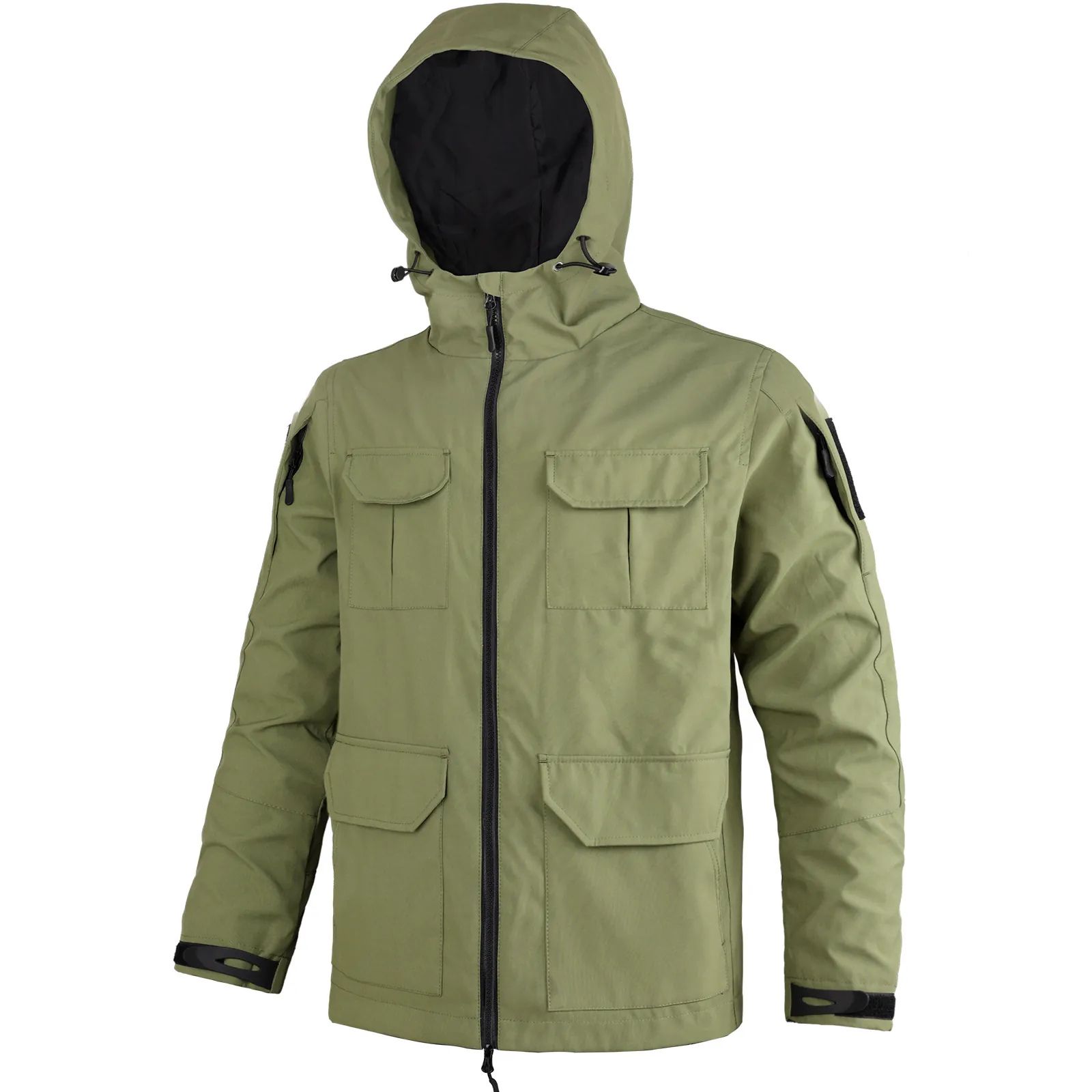Men Tactical Hooded Jacket Durable Nylon Polyester Windproof Multi Pocket Work Coat Outdoor Hiking Long Sleeve Outerwear