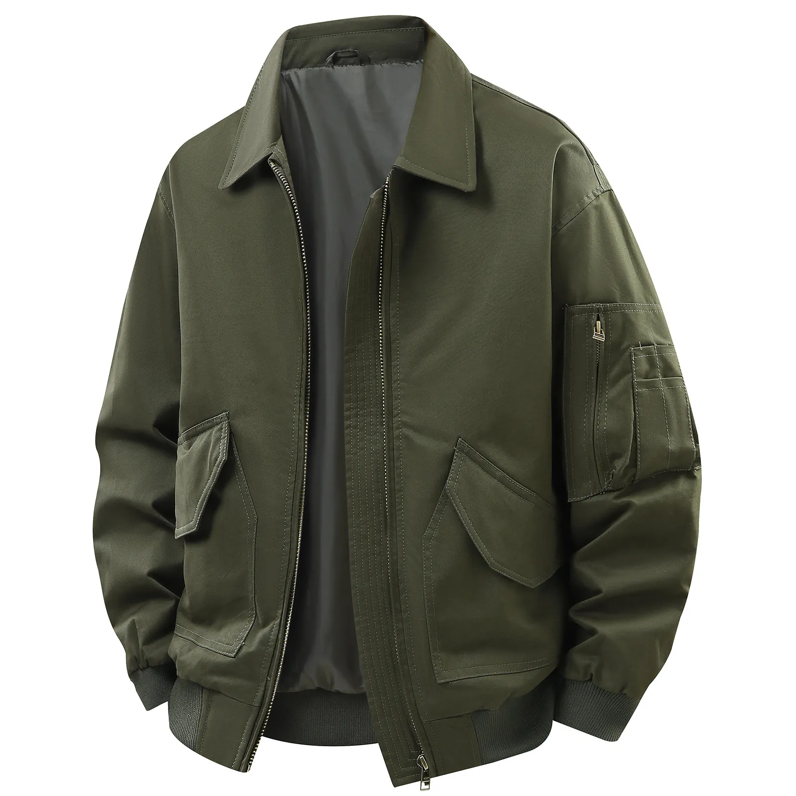 Heren Casual Pilotenjack Katoen Ruime Pasvorm Werkjas Bomberjack Met Revers Rits Zakken Lente Herfst Vintage Outerwear