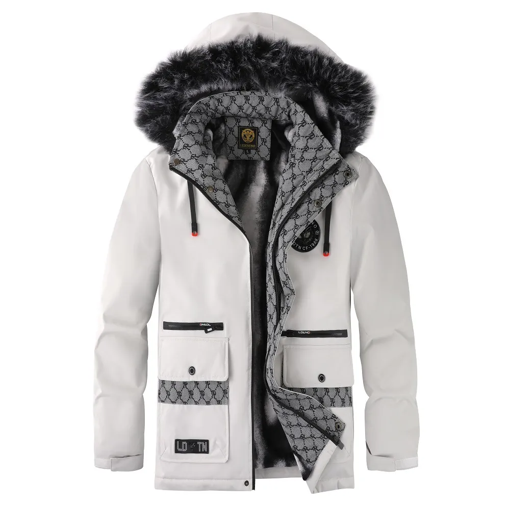 Veste Rembourrée Épaisse d'Hiver pour Hommes Col en Fausse Fourrure Parka à Capuche Manteau Chaud Décontracté Coupe-vent