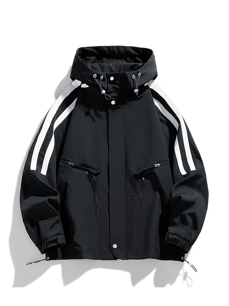 Ανδρικό Trendy Αντιανεμικό Μπουφάν Με Κουκούλα Casual Tooling Polyester Παλτό Με Φερμουάρ Και Μανίκια Με Ρίγες