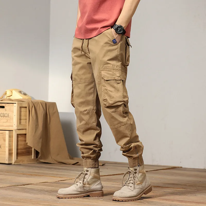 Men Elastic Waist Cargo Pants Multi-Pocket Jogger Trousers Cotton Casual Relaxed Fit Outdoor Sweatpants with Ankle Zipper