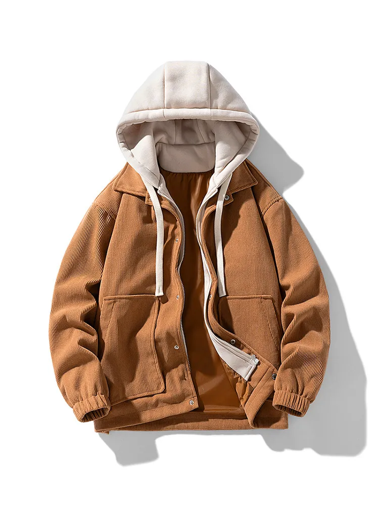 Japanese Streetwear Corduroy Hooded Jacket For Men Layered Design Fleece Lined Thickened Casual Zip Up Winter Outerwear