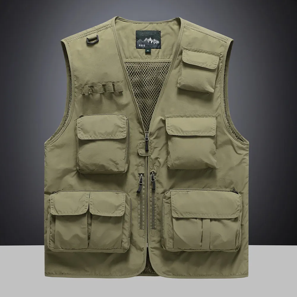 Gilet Cargo de Plein Air pour Hommes Multi-poches en Nylon Maille Respirante Pêche Photographie Gilet Utilitaire Homme