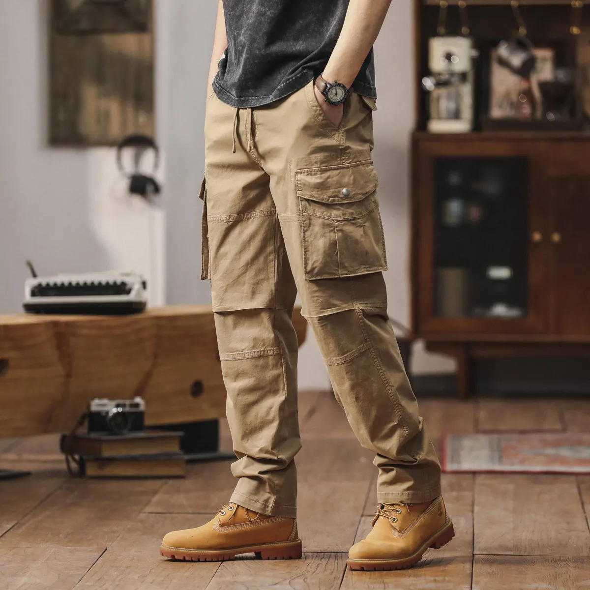 Pantalon Cargo Décontracté pour Hommes Coupe Ample Multi-Poches Mélange de Coton Jambe Droite Avec Cordon de Serrage Taille Élastique pour Extérieur Quotidien