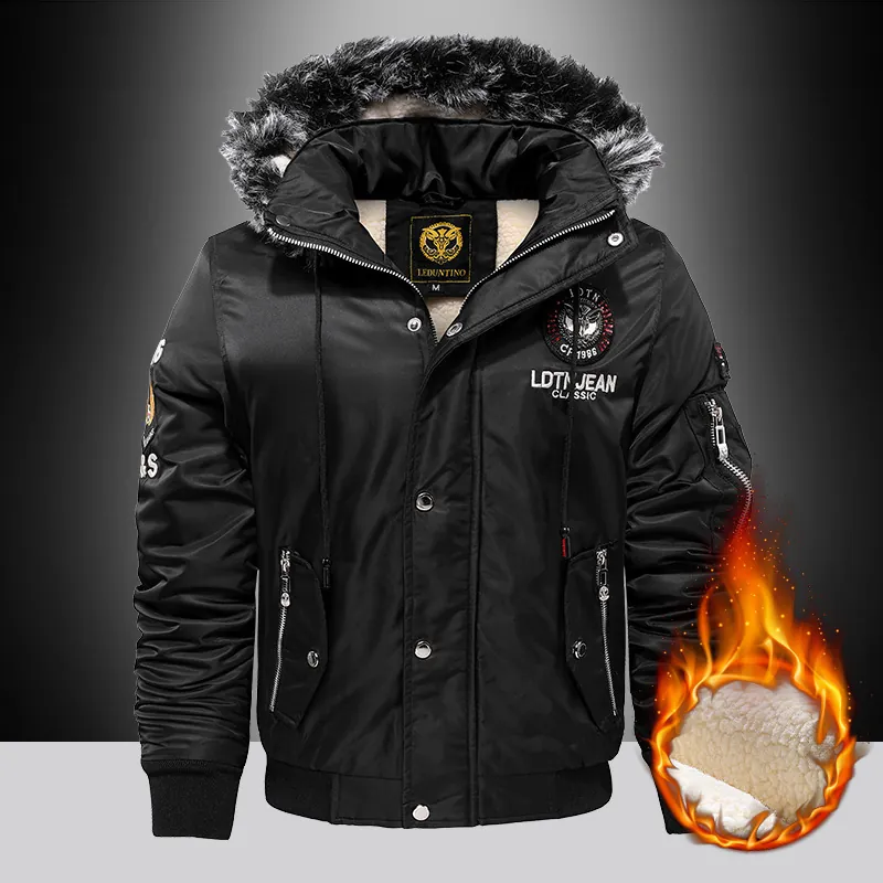 Giacca Imbottita da Uomo Invernale con Cappuccio e Collo in Pelliccia Parka Casual Foderato in Sherpa Cappotto Antivento Pesante Ricamato