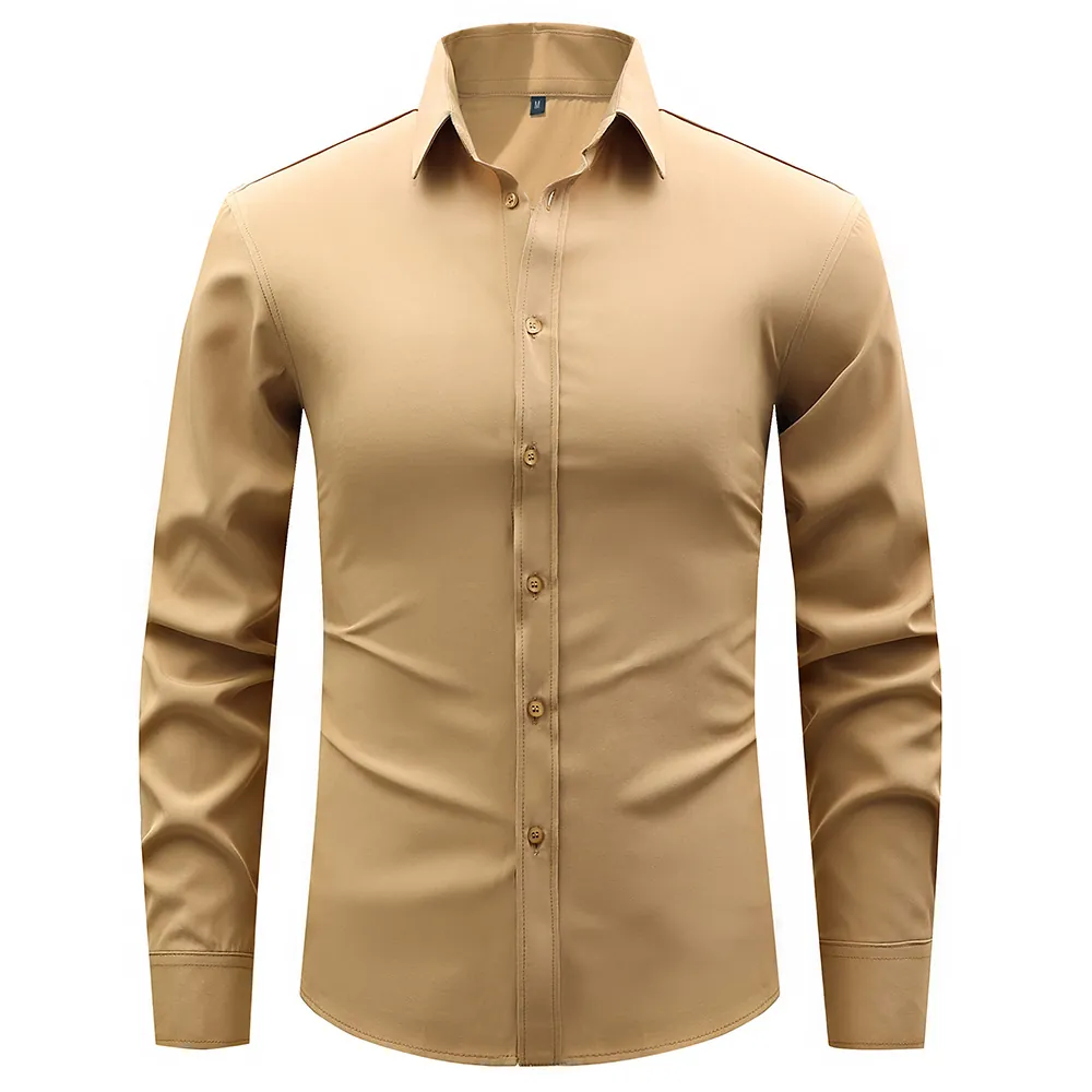 Men Business Casual Long Sleeve Shirt Polyester Spandex Blend Micro Elastic Slim Fit Solid Color Turn Down Collar Men Office Top