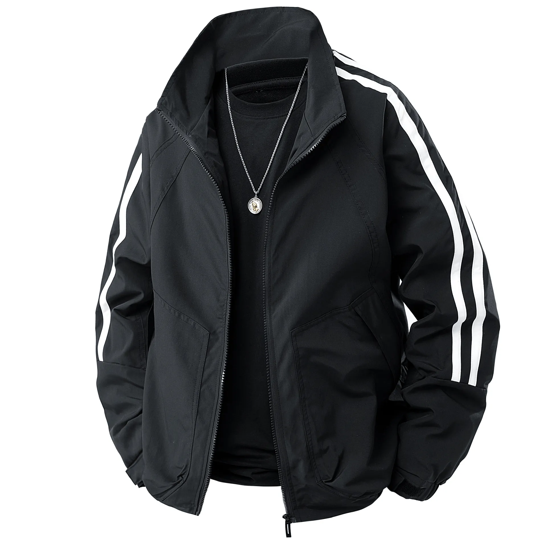 Veste Coupe Vent Décontractée pour Hommes en Poliestere Col Montant Fermeture Éclair Design à Deux Rayures sur les Manches Manteau Sport