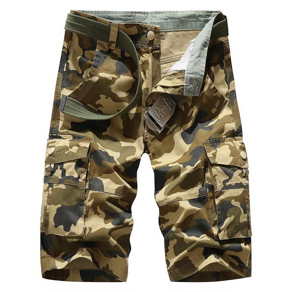 Men's Casual Camouflage Cargo Shorts With Belt 100 Percent Cotton Multi-pocket Tactical Outdoor Summer Half Pants