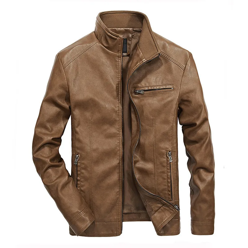 Retro Men's PU Leather Jacket Vintage Stand Collar Windproof Fleece Lined Motorcycle Biker Outerwear Casual Coat For Autumn Winter