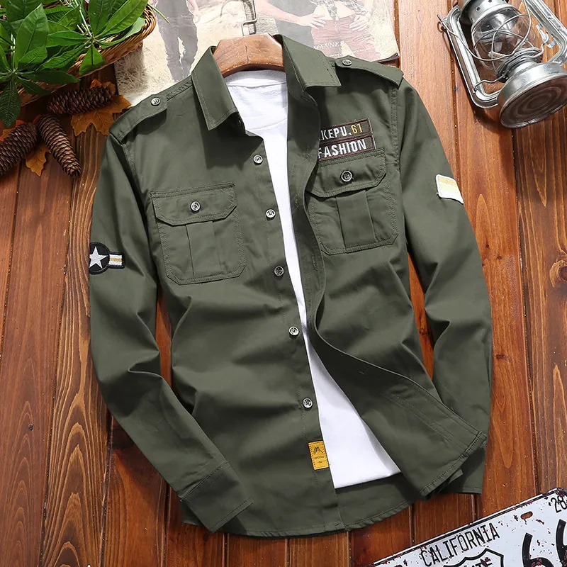 Men Cotton Long Sleeve Workwear Shirt Military Style Casual Button Down Top With Chest Pockets Epaulettes For Outdoor Daily
