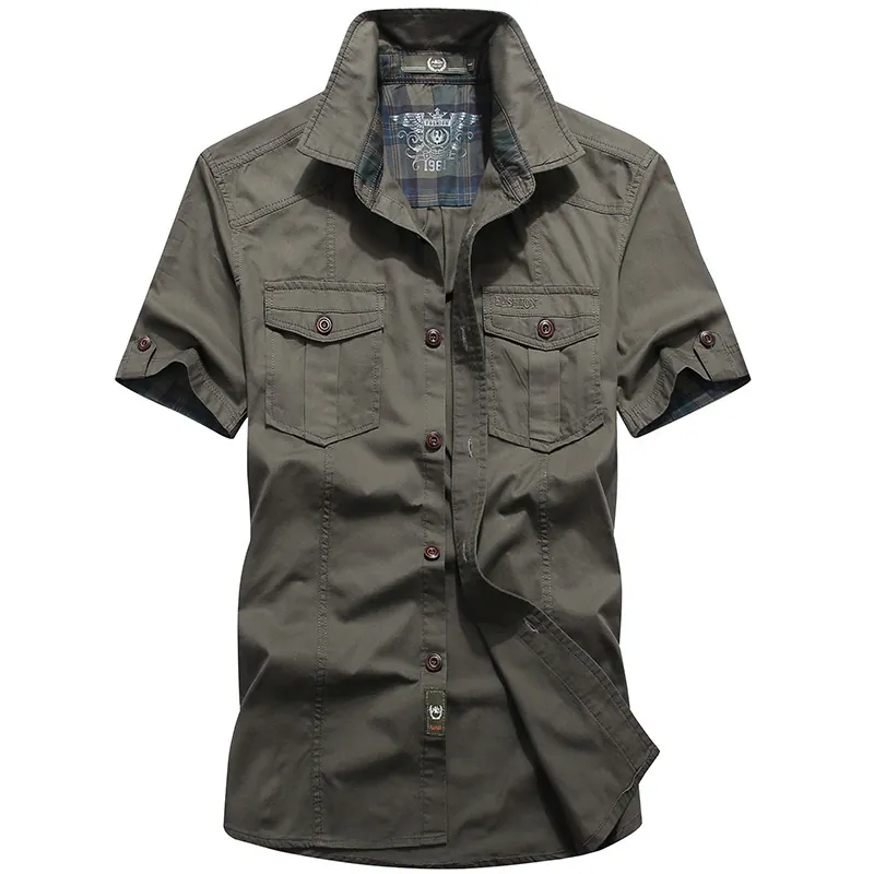 Men 100% Cotton Short Sleeve Cargo Shirt Casual Solid Color Workwear Top With Double Pockets And Plaid Lining For Men Clothing