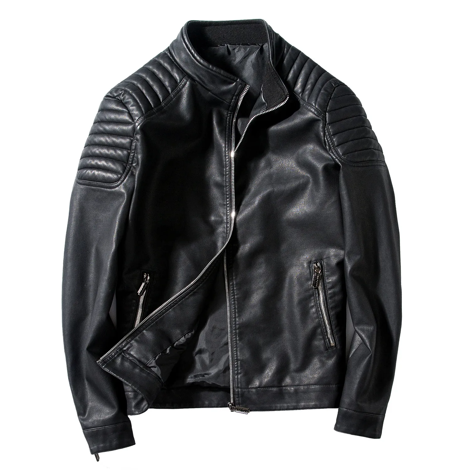 Men's PU Leather Jacket Stand Collar Slim Fit Biker Motorcycle Coat With Quilted Shoulder Details Solid Color Zipper Top