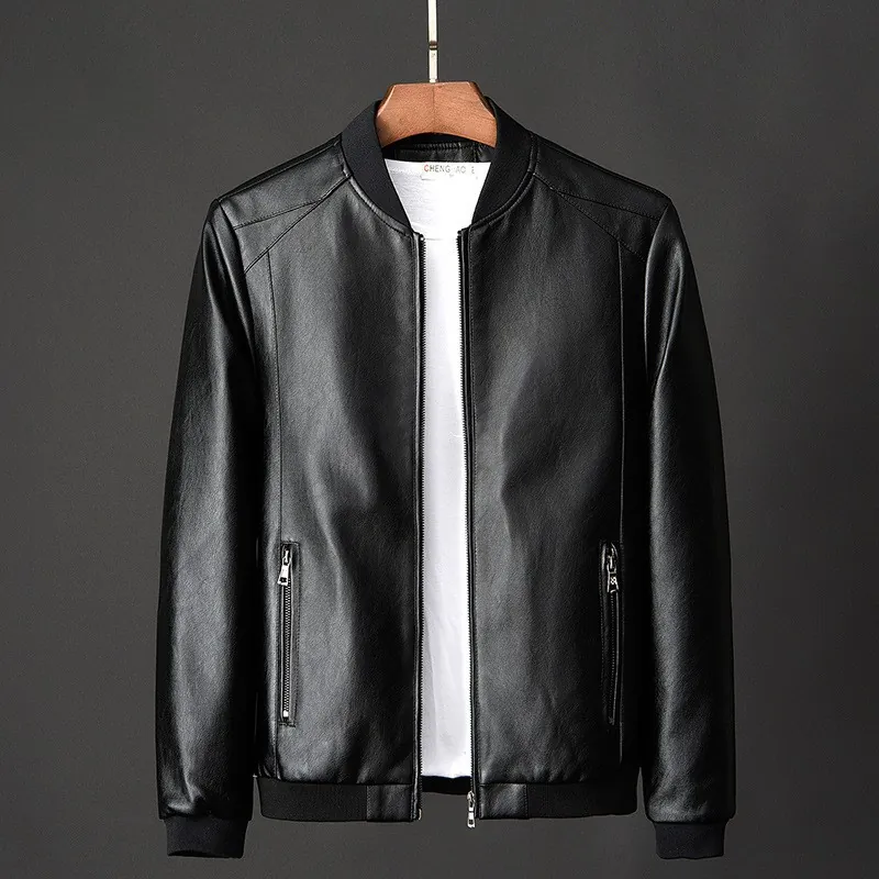 Herren PU Lederjacke Stehkragen Bomberjacke Mit Gerippten Bündchen Reißverschlusstaschen Einfarbig Casual Kunstlederjacke Für Herren