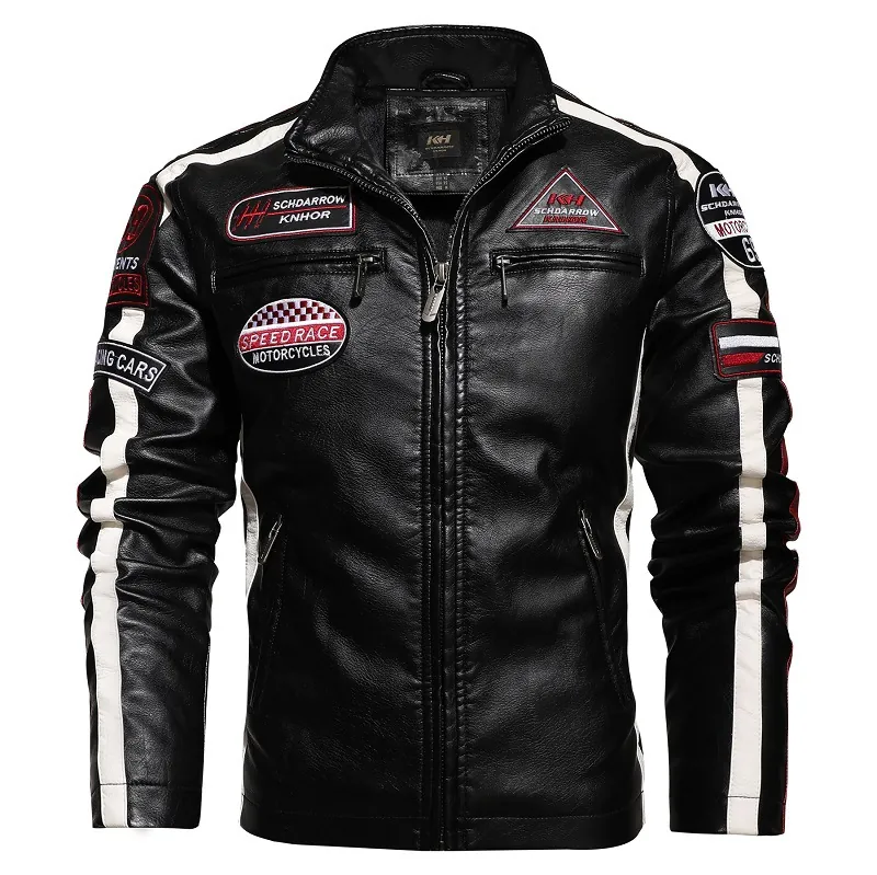 Blouson Moto pour Homme en Similicuir PU Avec Écussons Brodés Doublé Polaire Décontracté Col Montant Streetwear Top