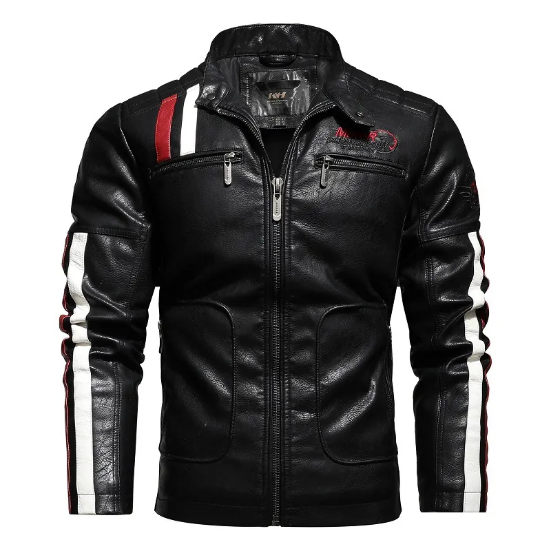 Herren Kunstleder Motorradjacke Wattiert Stehkragen Rennstreifen Stickerei PU Lederjacke Für Herbst Winter