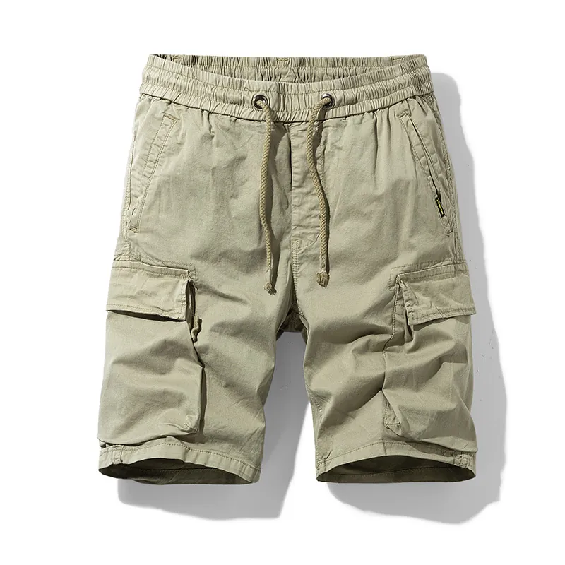 Men Cargo Shorts Cotton Spandex Multi Pocket Elastic Waist Drawstring Summer Outdoor Casual Straight Leg Pants For Men