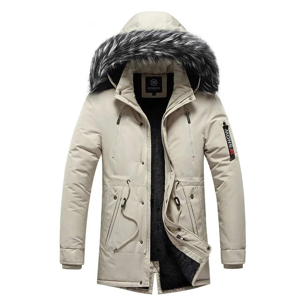 Parka da Uomo di Media Lunghezza Con Cappuccio in Pelliccia Sintetica Foderato in Pile Caldo Cappotto Invernale Imbottito Antivento Coulisse