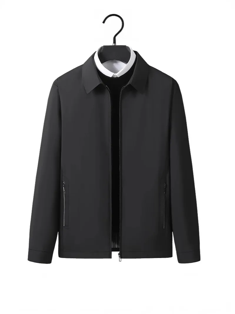 Men's Business Casual Jacket Lapel Zipper Coat Middle Aged Elderly Windproof Outerwear Striped Lining Solid Color Spring Autumn Top