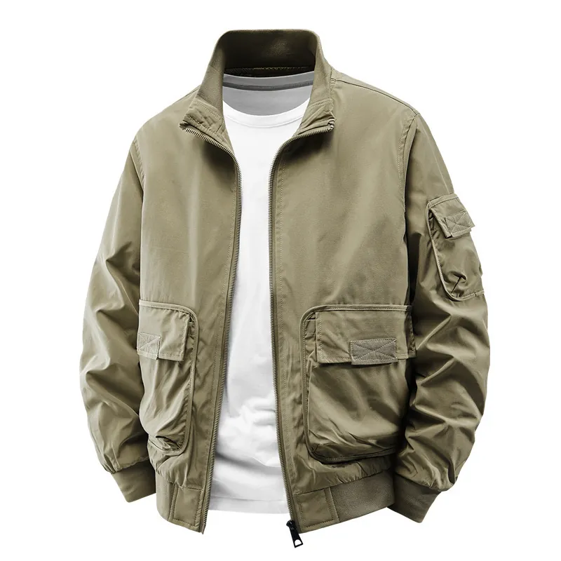 Men's Solid Casual Stand Collar Bomber Jacket Multi Pocket Windproof Loose Flight Jacket Coat For Spring Autumn Outerwear