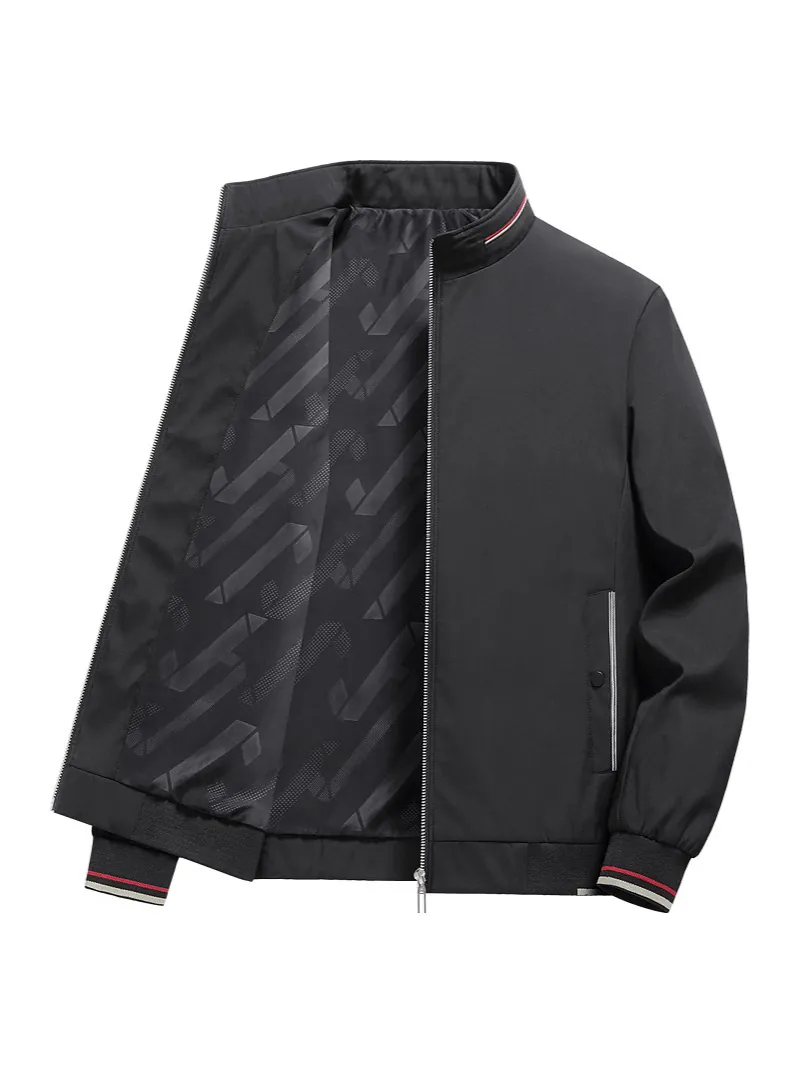 Men's Casual Stand Collar Jacket Polyester Windproof Outerwear With Stripe Ribbed Trim Full Zip Lightweight Coat For Men