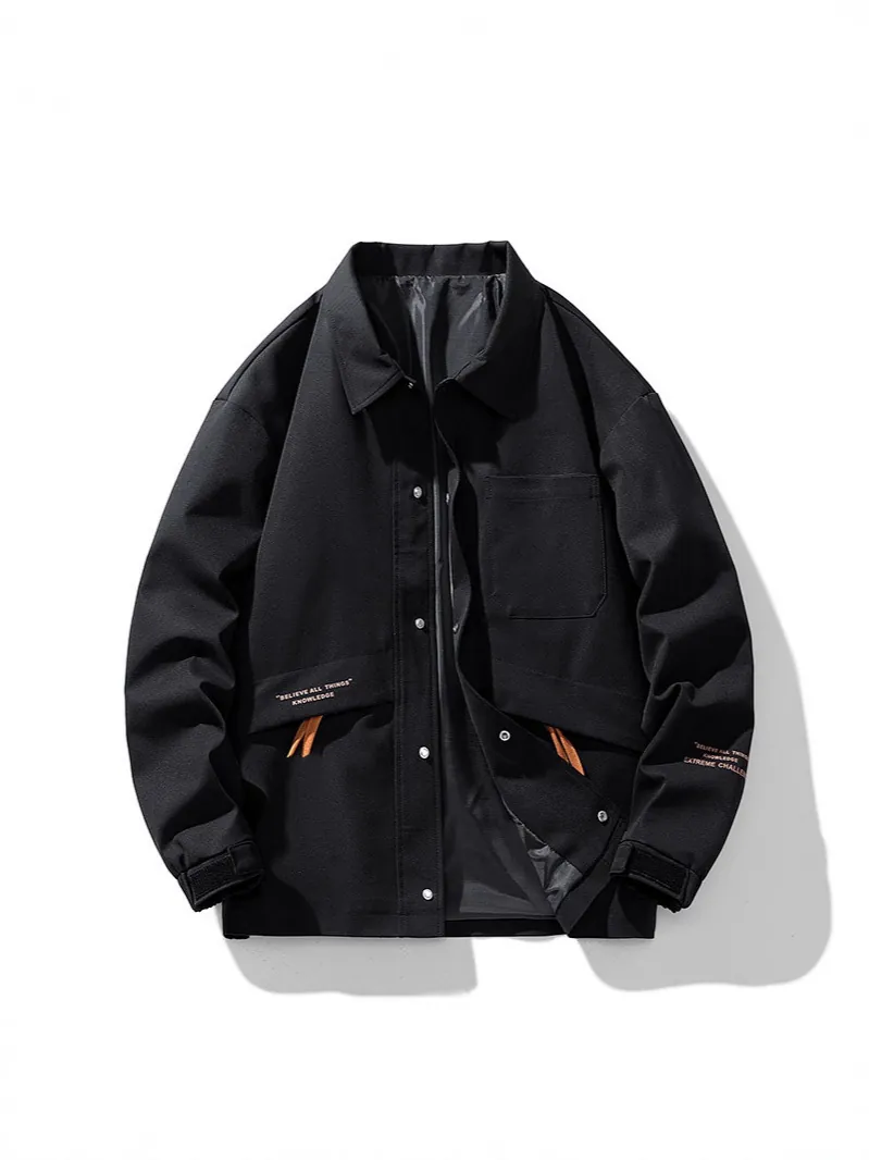 Men's Casual Cargo Jacket Fashion Lapel Multi-pocket Letter Print Workwear Coat For Spring Autumn Windproof Outerwear