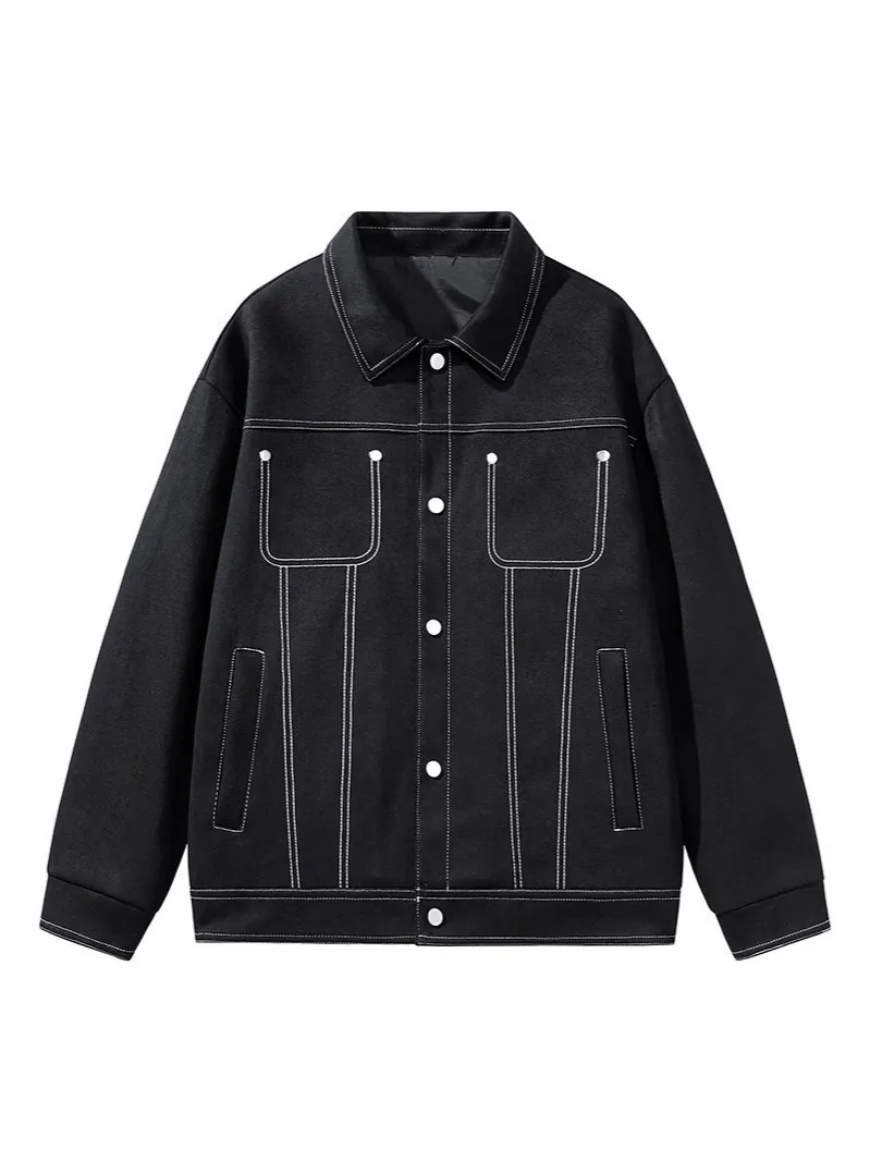 Men's Casual Suede Jacket Workwear Lapel Top With Contrast Stitching Streetwear Button Down Outerwear Coat