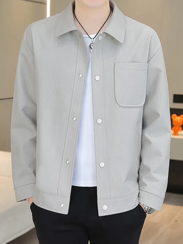 Men's Casual Polyester Jacket Slim Fit Lapel Single-Breasted Solid Color Long Sleeve Coat With Multi-Pocket Fashion Top