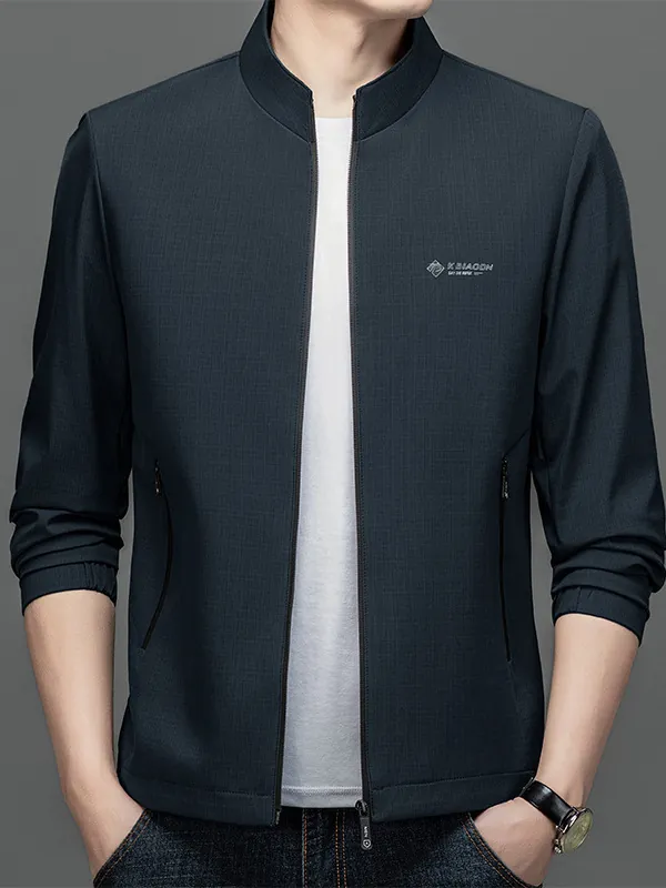 Giacca Uomo Casual Collo Alto Antivento Impermeabile Vestibilità Aderente Capispalla Tinta Unita Trama a Griglia Moda Cappotto con Cerniera