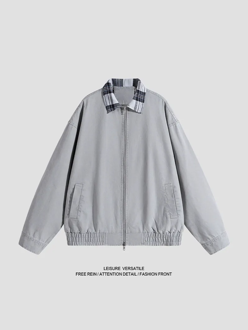 Men's American Workwear Jacket Street Trend Plaid Patchwork Lapel Loose Zipper Flight Jacket Casual Outerwear Cotton Coat