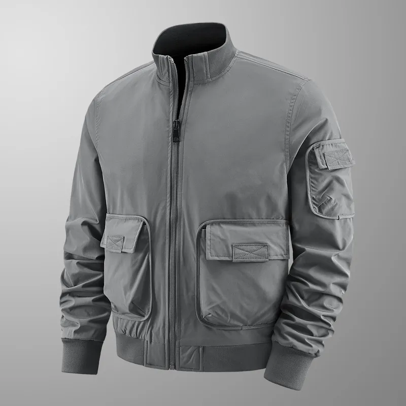 Men's Flight Bomber Jacket Windproof Waterproof Multi-Pocket Stand Collar Cargo Coat Military Style Casual Outerwear For Men