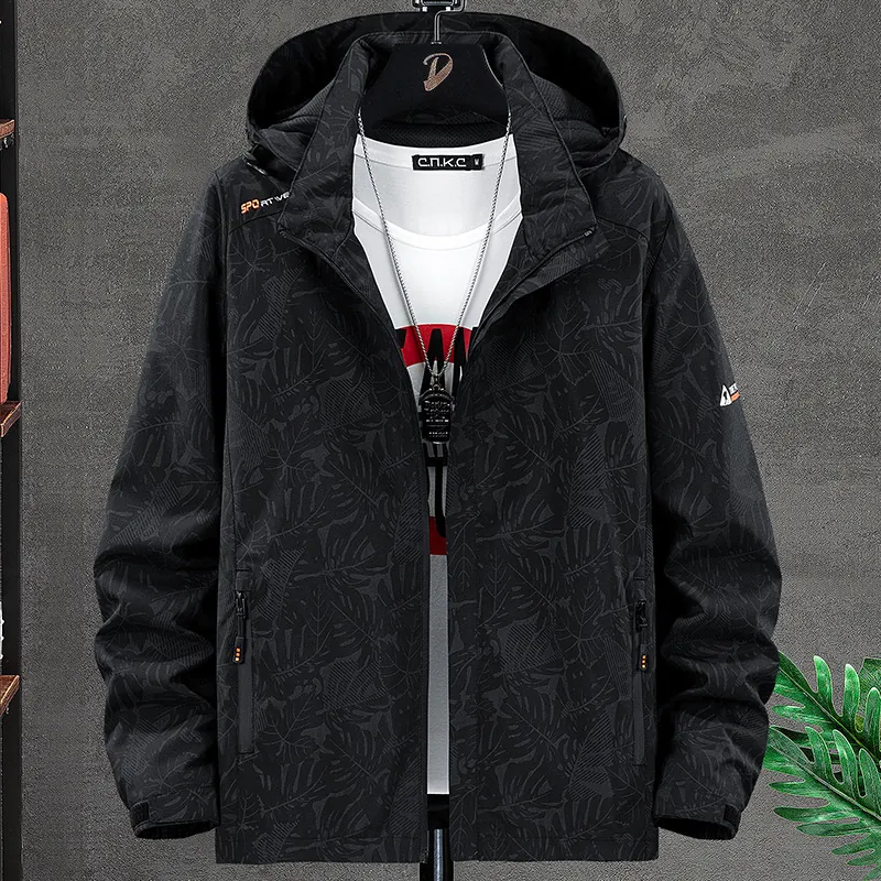 Men Outdoor Windproof Jacket Polyester Hooded Casual Top Tropical Leaf Pattern Sportive Zipper Coat For Men