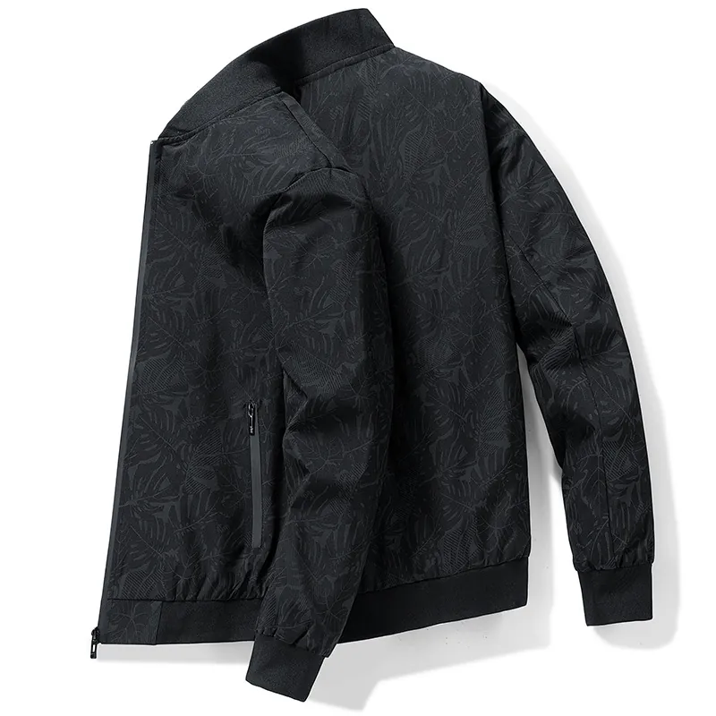 Men Bomber Jacket Polyester Cotton Blend Leaf Pattern Windproof Casual Zip Up Lightweight Outerwear For Spring Autumn
