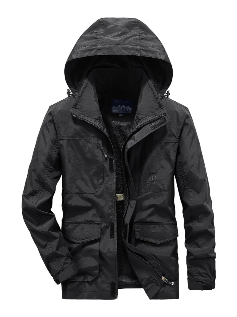 Men's Windproof Outdoor Jacket Removable Hooded Multi Pockets Cargo Style Plus Size Casual Sportswear Coat