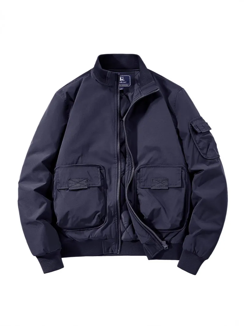 Men American Vintage Flight Bomber Jacket Padded Stand Collar Windproof Warm Winter Coat Casual Multi Pocket Outerwear