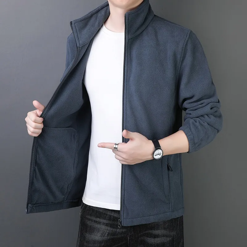 Men's Winter Thickened Polar Fleece Jacket Stand Collar Zipper Solid Color Warm Casual Jacket Coat For Middle-Aged Men