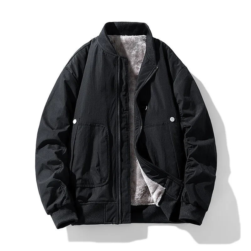 Men's Fleece Lined Bomber Jacket Windproof Thick Warm Winter Coat Casual Stand Collar Baseball Jacket Loose Outerwear
