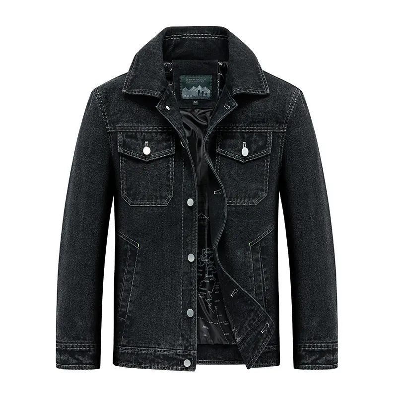 Men's Casual Denim Jacket Cotton Blend Contrast Stitching Workwear Coat With Map Print Lining Button Down Outerwear