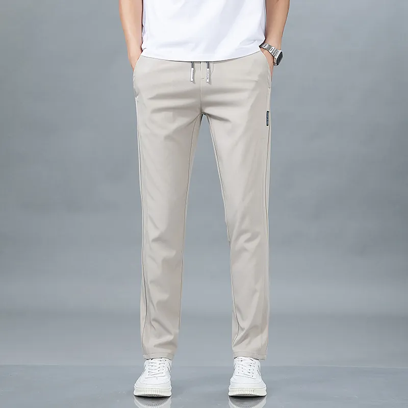 Pantalon Décontracté en Soie de Glace pour Hommes Jambe Droite Taille Élastique avec Cordon Été Mince Respirant