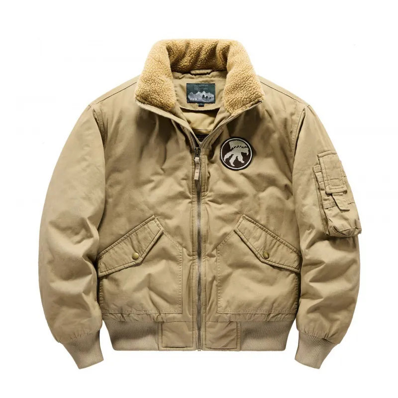 Men's Cotton Flight Bomber Jacket With Lamb Wool Collar Thickened Polyester Padded Workwear Coat Windproof Vintage Winter Outerwear