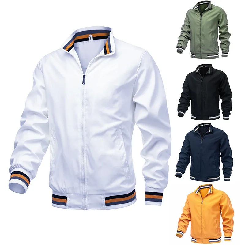 Men's Casual Bomber Jacket Windproof Stand Collar Zip Up Sporty Outerwear With Striped Ribbed Trim Polyester Jacket