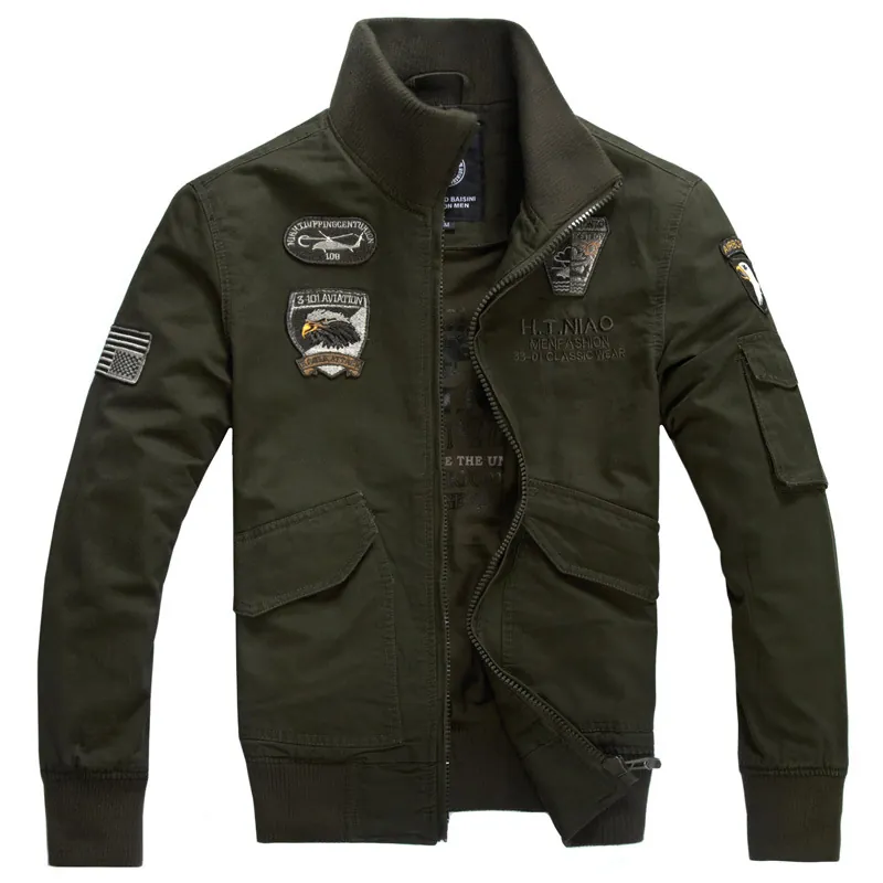 Men's Military Flight Jacket Cotton Bomber Outerwear Casual Embroidery Stand Collar Workwear Coat Plus Size