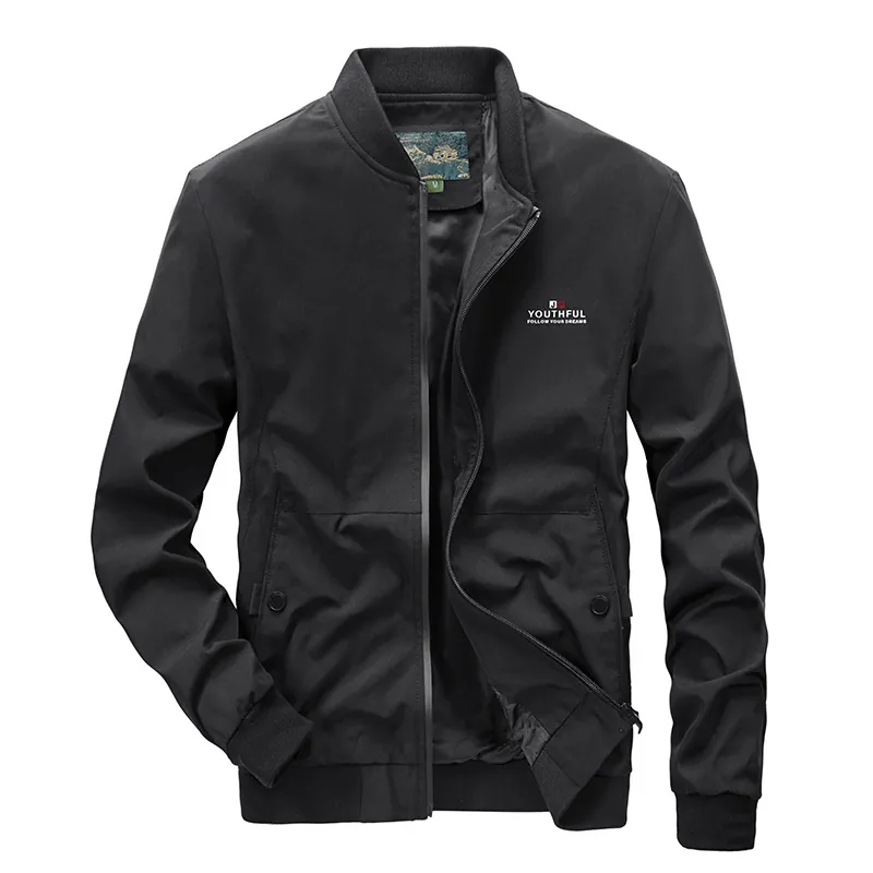 Men Stand Collar Bomber Jacket Windproof Polyester Solid Color Outdoor Sports Lightweight Casual Autumn Coat For Men